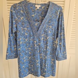 J Jill XS Blue Floral Tunic Cotton Tencel V-neck Spring Side Split